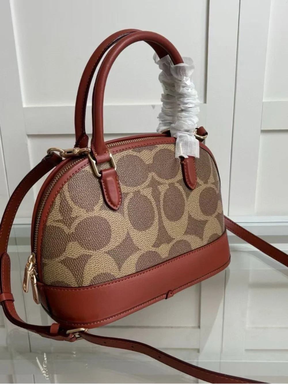 Coach Brown/Tan Signature Dome Satchel with Chestnut Trim